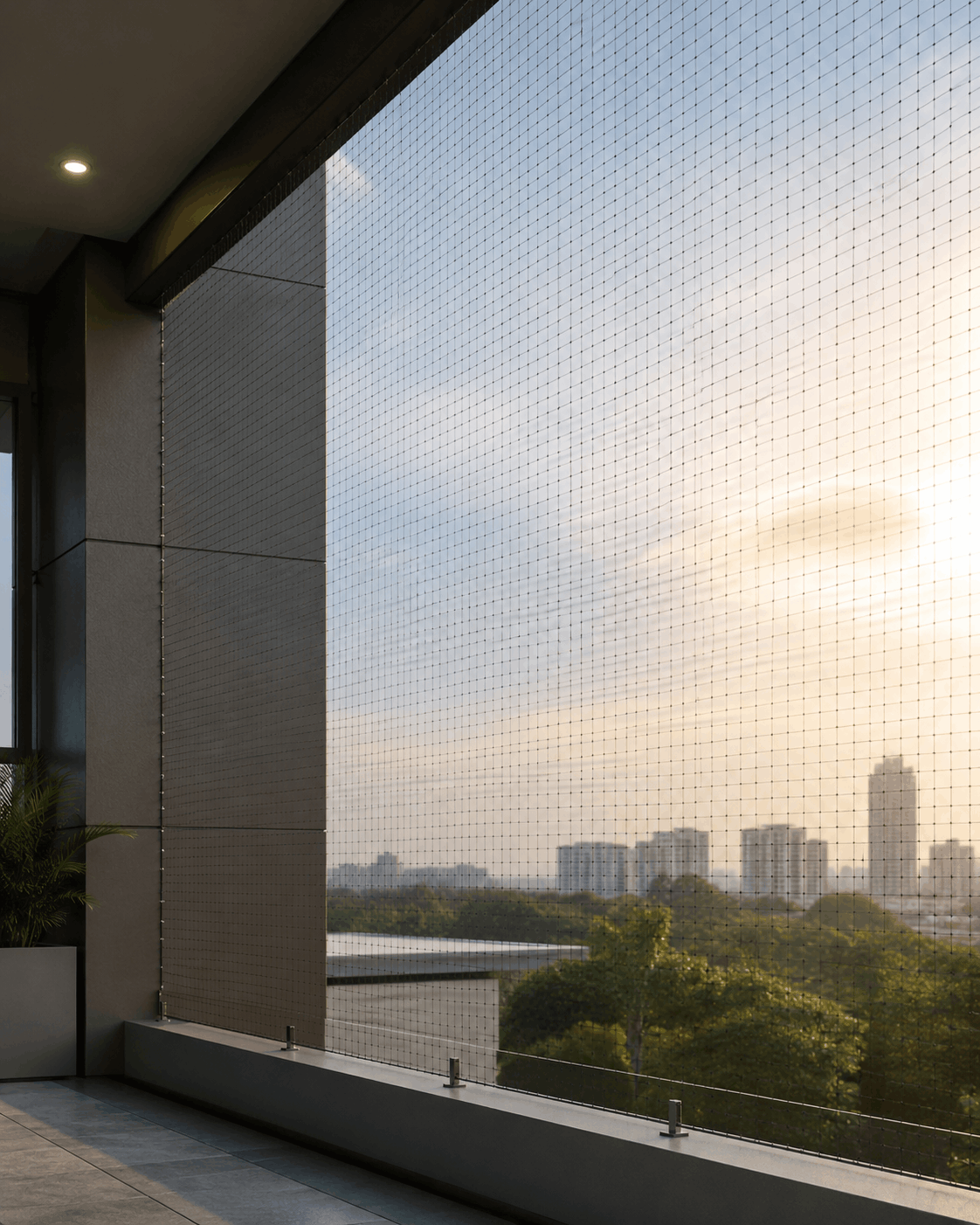 Modern balkon alanında profesyonel kuş ağı uygulaması